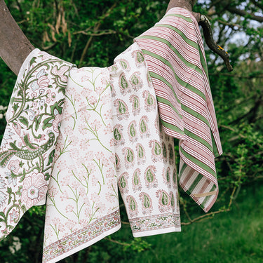 Pink & green block printed utility towel