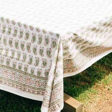 Pink & green block printed napery