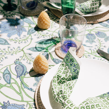 Green & Blue Block Printed Napery