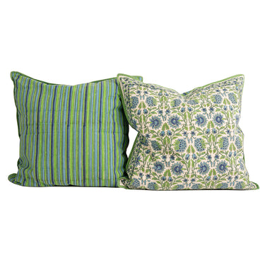 Green & blue block printed cotton cushion cover