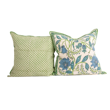 Green & blue block printed cotton cushion cover