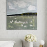 A square canvas painting of a pastoral landscape with white sheep grazing in a green field under a cloudy grey sky,