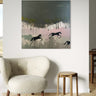 An abstract canvas painting featuring black horses silhouetted against a background of dark gray, soft pink, and light green brushstrokes