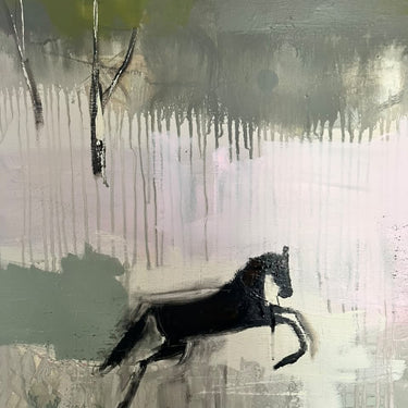 An abstract painting depicting a black horse in mid-gallop against a textured background of muted gray, white, olive green, and soft pink brushstrokes.