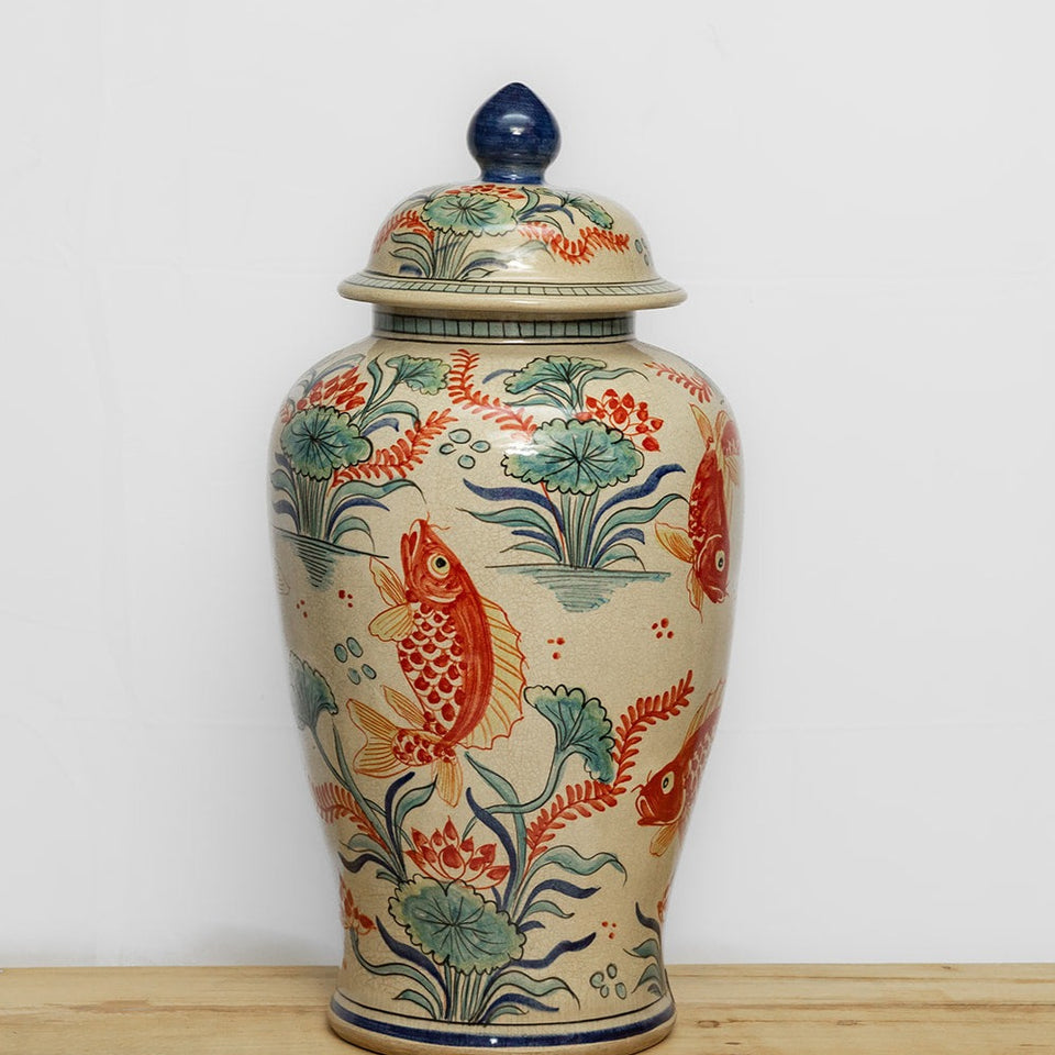 Koi ginger jar w blue finial MerchantCampbell