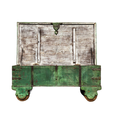 Green Painted Teak Pitara Box on Wheels