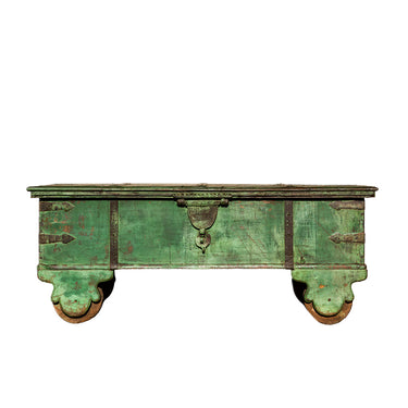 Green Painted Teak Pitara Box on Wheels