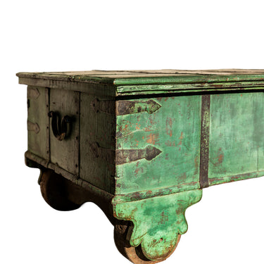 Green Painted Teak Pitara Box on Wheels