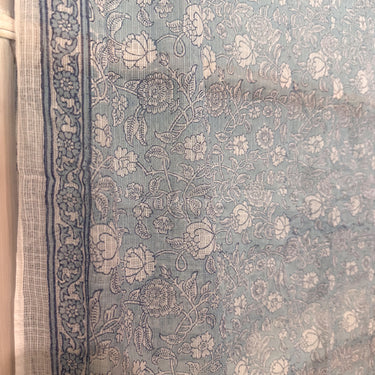 A dupatta/sarong with a blue background and Anokhi block printed floral patterns.