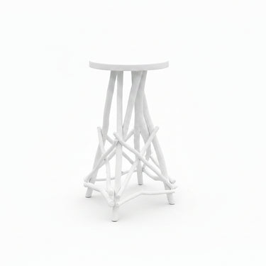 A rustic wooden table base with a round light wood tabletop and four natural driftwood legs