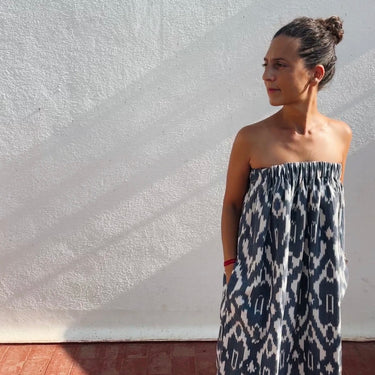 Denim Blue Ikat Strapless Dress