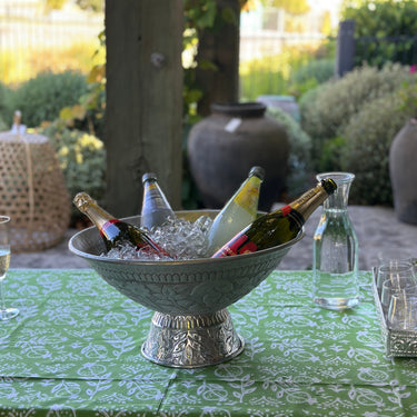 Green & white pomegranate block printed tablecloth