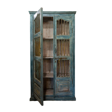Vintage-style wooden cabinet with distressed blue paint on a white background