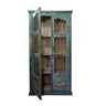 Vintage-style wooden cabinet with distressed blue paint on a white background