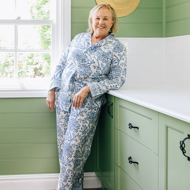 Blue & White Block Printed Cotton Pyjama Set