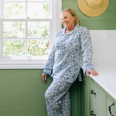 Blue & White Block Printed Cotton Pyjama Set