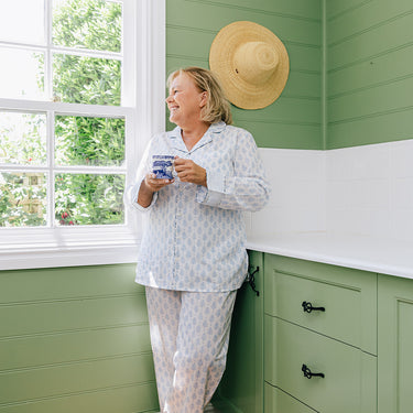 Blue & White Block Printed Cotton Pyjama Set