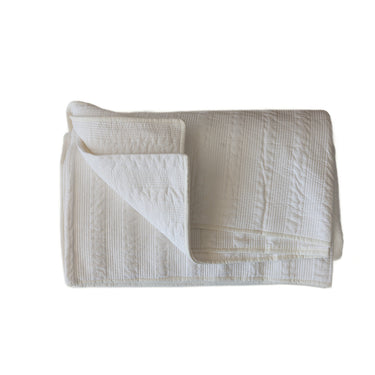 White Cotton Embossed Bedspread with Hand-Sewn Kantha Stitching Detail