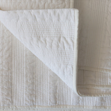 White Cotton Embossed Bedspread with Hand-Sewn Kantha Stitching Detail