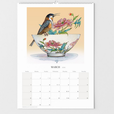 Calendar for 2026 with a bird and floral design 