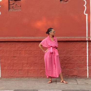 Handloom 07 Fine Pink Check Cotton Kaftan