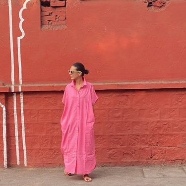 Handloom 07 Fine Pink Check Cotton Kaftan