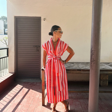 Pink and Red Wide Stripe Block Print 01 Cotton Kaftan