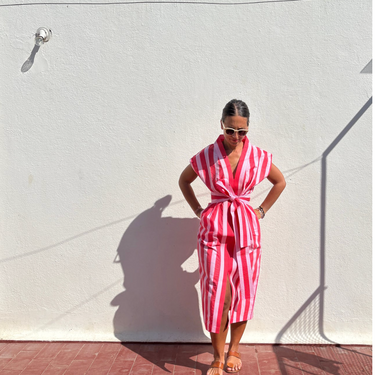 Pink and Red Wide Stripe Block Print 01 Cotton Kaftan