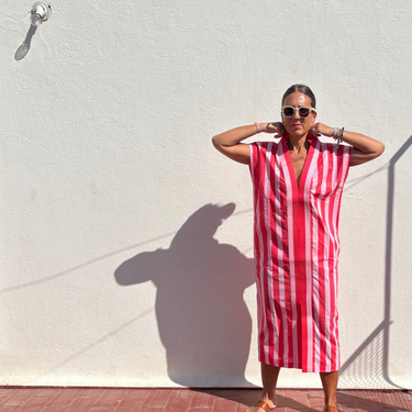 Pink and Red Wide Stripe Block Print 01 Cotton Kaftan