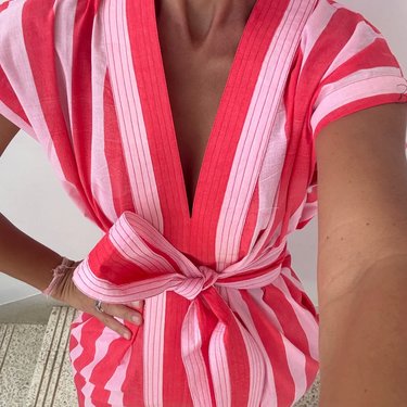 Pink and Red Wide Stripe Block Print 01 Cotton Kaftan