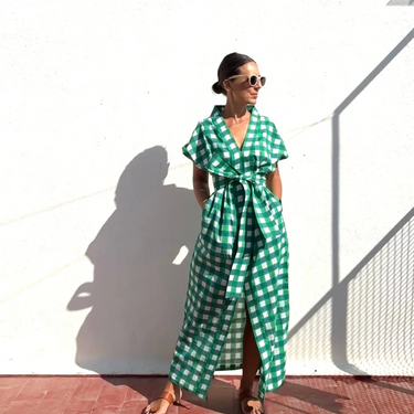 Green Gingham Blockprint Cotton Kaftan