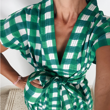 Green Gingham Blockprint Cotton Kaftan