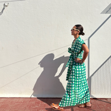 Green Gingham Blockprint Cotton Kaftan