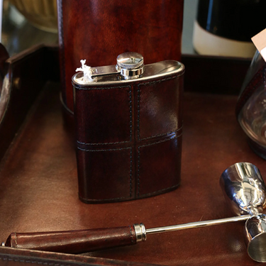 Leather Hip Flask in Dark Brown with Nickle Detail