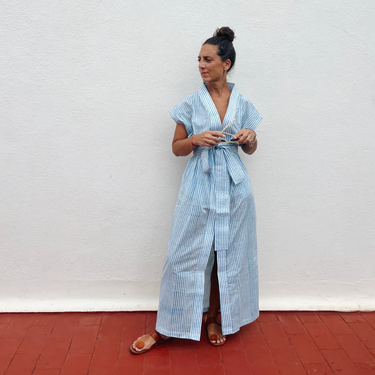 Small Stripe Block Print 02 Cotton Kaftan
