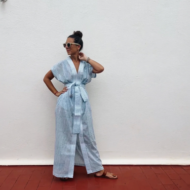 Small Stripe Block Print 02 Cotton Kaftan