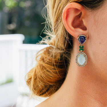 Shiva carved aquamarine, emerald, amethyst & diamond earrings