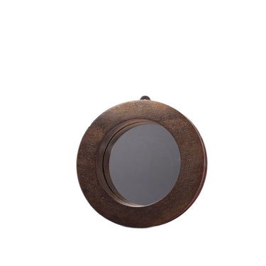 small round teak reel mirror