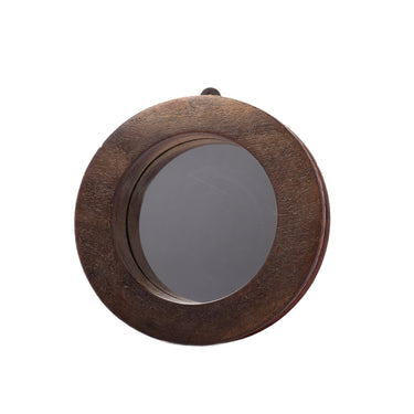 small round teak reel mirror