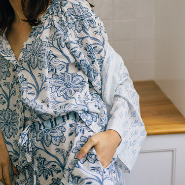 Blue & White Block Printed Cotton Shorty PJ Set