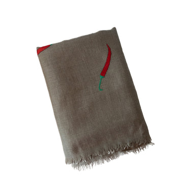 Hand Embroidered Chilli Shawl on Hand-Loomed Natural Organic Check Cashmere