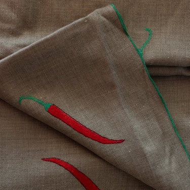 Brown cashmere shawl with red chili pepper embroidery