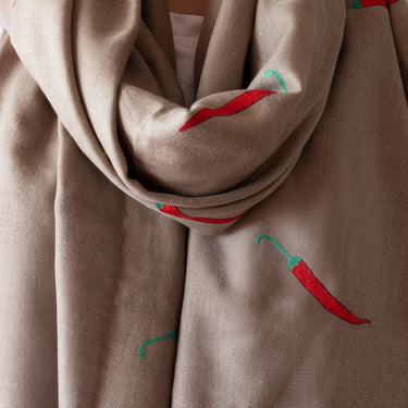Hand Embroidered Chilli Shawl on Hand-Loomed Natural Organic Check Cashmere