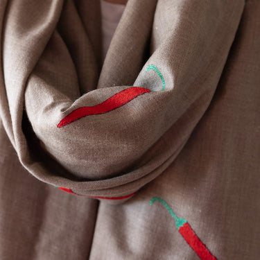 Hand Embroidered Chilli Shawl on Hand-Loomed Natural Organic Check Cashmere