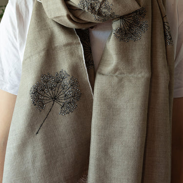 Hand Embroidered Dandelion Shawl on Hand-Loomed Natural Organic Cashmere