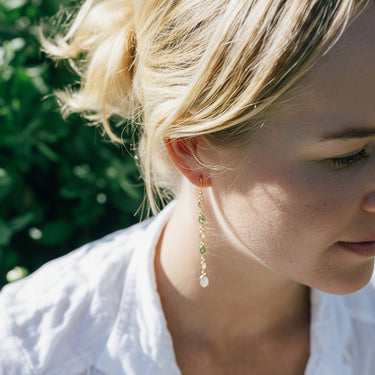 delicate green semi precious stone rose quartz & moonstone earring gold plated sterling silver
