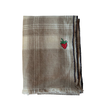 Hand Embroidered Beetle & Strawberry Stole on Checked Hand-Loomed Natural Organic Cashmere