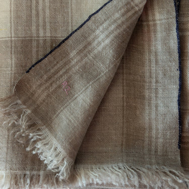 Hand Embroidered Beetle & Strawberry Stole on Checked Hand-Loomed Natural Organic Cashmere