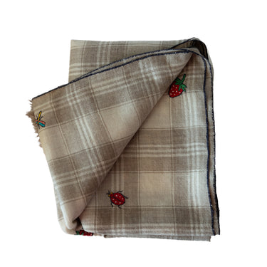 Hand Embroidered Beetle & Strawberry Stole on Checked Hand-Loomed Natural Organic Cashmere
