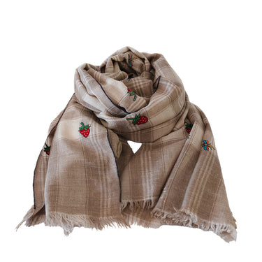 Hand Embroidered Beetle & Strawberry Stole on Checked Hand-Loomed Natural Organic Cashmere